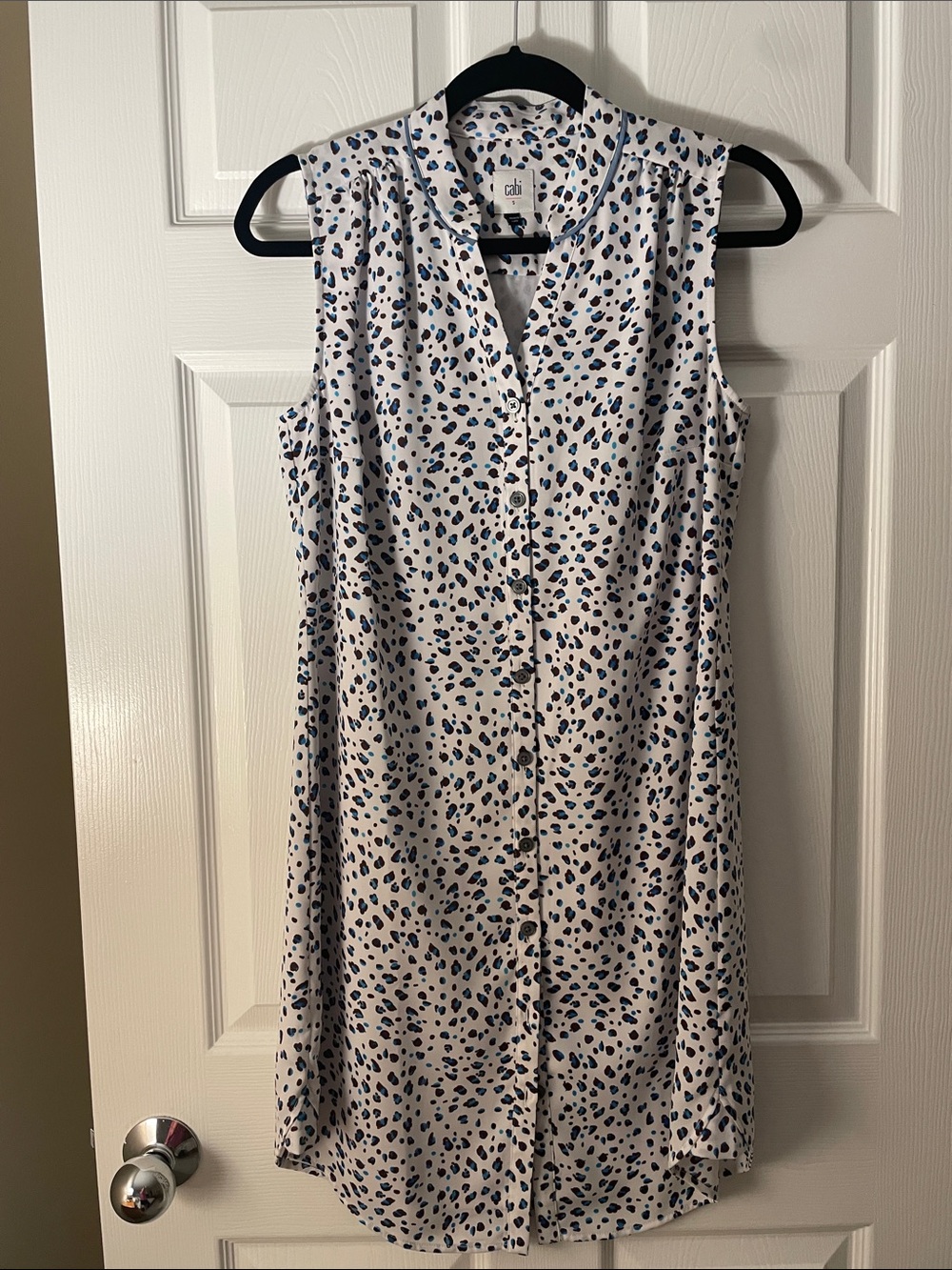 CAbi White Sleeveless Shift Dress with Blue Leopard Spots